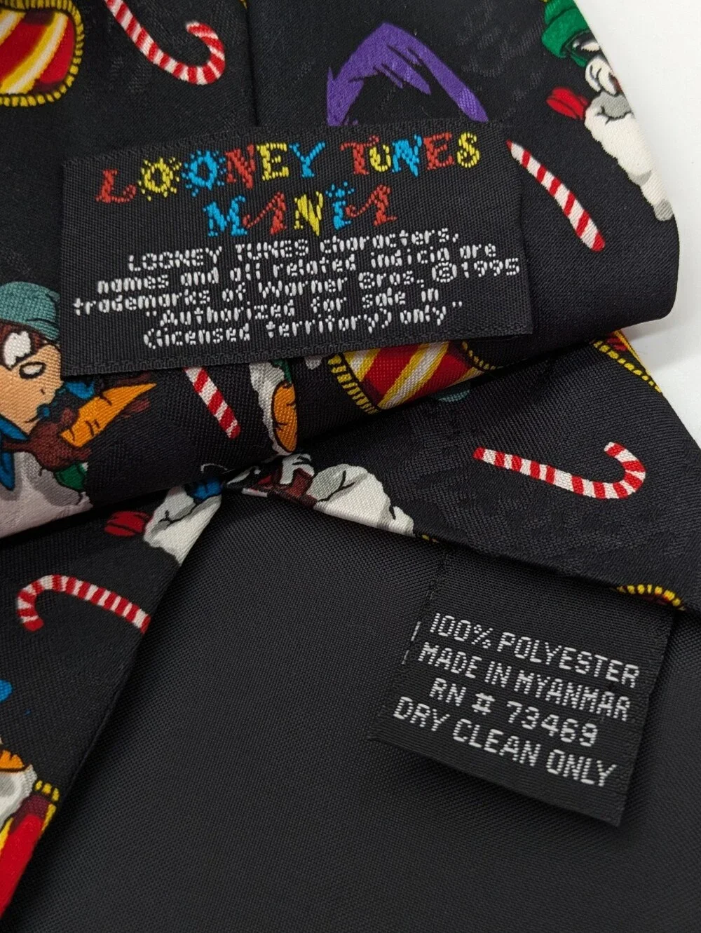 Vintage Looney Toons Mania Black Red Christmas Holiday Stocking Polyester Tie